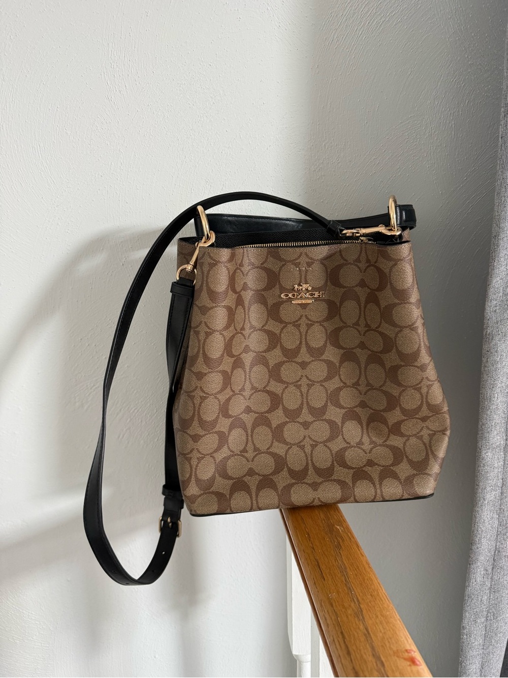 Coach Brown Signature Monogram Shoulder Bag with Black Strap